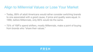 • Today, 89% of adult Americans would rather consider switching brands
to one associated with a good cause, if price and quality were equal. In
1990, before Millennials, only 66% would do the same.
• 75% of Y&R’s spend shifters, mostly Millennials, make a point of buying
from brands who “share their values.”
Align to Millennial Values or Lose Your Market
 