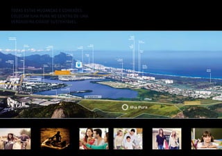 Trans oeste 
Transolímpica 
Todas estas mudanças e conexões 
colocam Ilha Pura no centro de uma 
verdadeira Cidade Sustentável. 
Escola 
Carolina 
Patrício 
Escola 
Parque 
Colégio 
Santo 
Agostinho 
Rio 
Design 
Barra 
Escola 
Britânica 
Clínica 
Perinatal 
Hotel Península 
Parque 
Olímpico 
Escola 
Americana 
Hospital 
Unimed Rio 
Casa 
Shopping 
Grand 
Hyatt 
Hotel 
Grand Mercure 
Village 
Mall 
Barra 
Shopping 
Transcarioca 
Hospital 
Sarah 
Hotel Hilton 
Shopping 
Metropolitano 
Barra 
Riocentro 
Av. das Américas 
Av. Salvador Allende 
Av. Ayrton Senna 
Av. Abelardo Bueno 
Metrô 
Localização do empreendimento meramente ilustrativa. Imagens meramente ilustrativas. 
Ver informações complementares e relevantes na parte final deste material. 
Hospital 
Barra D’Or 
Mudaram os conceitos de desenvolvimento. Mudaram as formas de se relacionar com a cidade. Mudaram as relações 
entre trabalho e qualidade de vida. E todas estas mudanças, que envolvem mobilidade, planejamento urbano e 
sustentabilidade acontecem em uma região que já nasce pronta para receber em alto nível, todo o desenvolvimento 
econômico e social da Barra da Tijuca. Uma região conectada, que deixa tudo mais próximo, fácil, prático e a vida 
fica mais organizada e tranquila, como nos centros urbanos mais sustentáveis e modernos do mundo. 
 