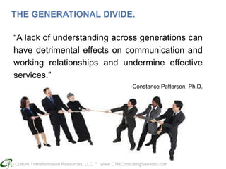 Culture Transformation Resources, LLC * www.CTRConsultingServices.com
THE GENERATIONAL DIVIDE.
“A lack of understanding across generations can
have detrimental effects on communication and
working relationships and undermine effective
services.”
-Constance Patterson, Ph.D.
 