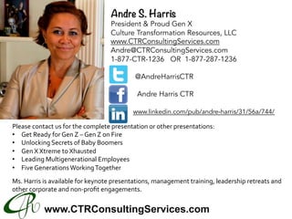 www.CTRConsultingServices.com
Please	contact	us	for	the	complete	presentation	or	other	presentations:	
•  Get	Ready	for	Gen	Z	–	Gen	Z	on	Fire	
•  Unlocking	Secrets	of	Baby	Boomers	
•  Gen	X	Xtreme	to	Xhausted	
•  Leading	Multigenerational	Employees	
•  Five	Generations	Working	Together	
	
Ms.	Harris	is	available	for	keynote	presentations,	management	training,	leadership	retreats	and	
other	corporate	and	non-proﬁt	engagements.	
Andre S. Harris
President & Proud Gen X
Culture Transformation Resources, LLC
www.CTRConsultingServices.com
Andre@CTRConsultingServices.com
1-877-CTR-1236   OR  1-877-287-1236
@AndreHarrisCTR
Andre Harris CTR
www.linkedin.com/pub/andre-harris/31/56a/744/
	
 