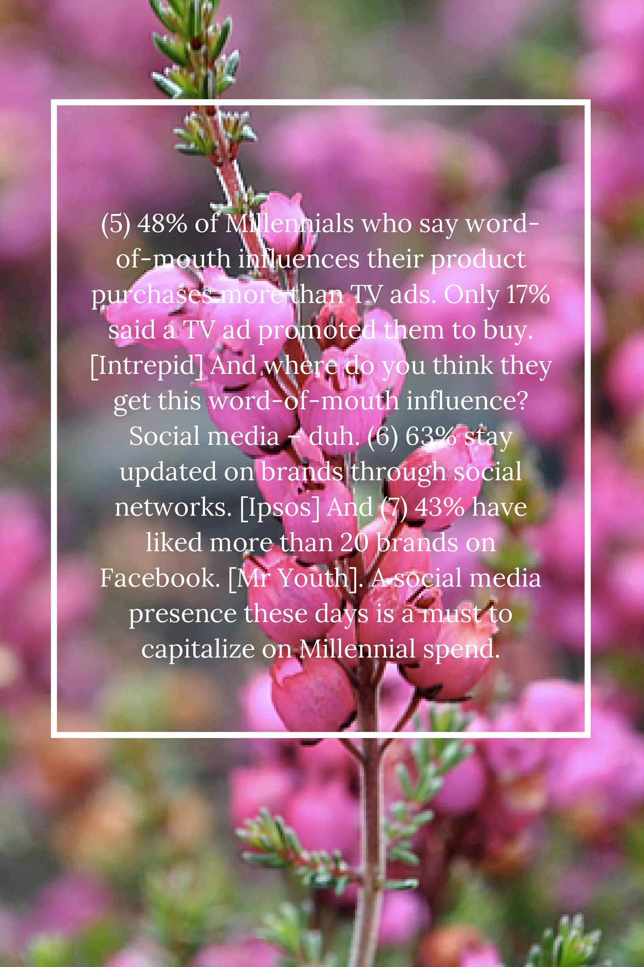 (5) 48% of Millennials who say word-of- 
mouth influences their product 
purchases more than TV ads. Only 17% 
said a TV ad promoted them to buy. 
[Intrepid] And where do you think they 
get this word-of-mouth influence? 
Social media – duh. (6) 63% stay 
updated on brands through social 
networks. [Ipsos] And (7) 43% have 
liked more than 20 brands on 
Facebook. [Mr Youth]. A social media 
presence these days is a must to 
capitalize on Millennial spend. 
 
