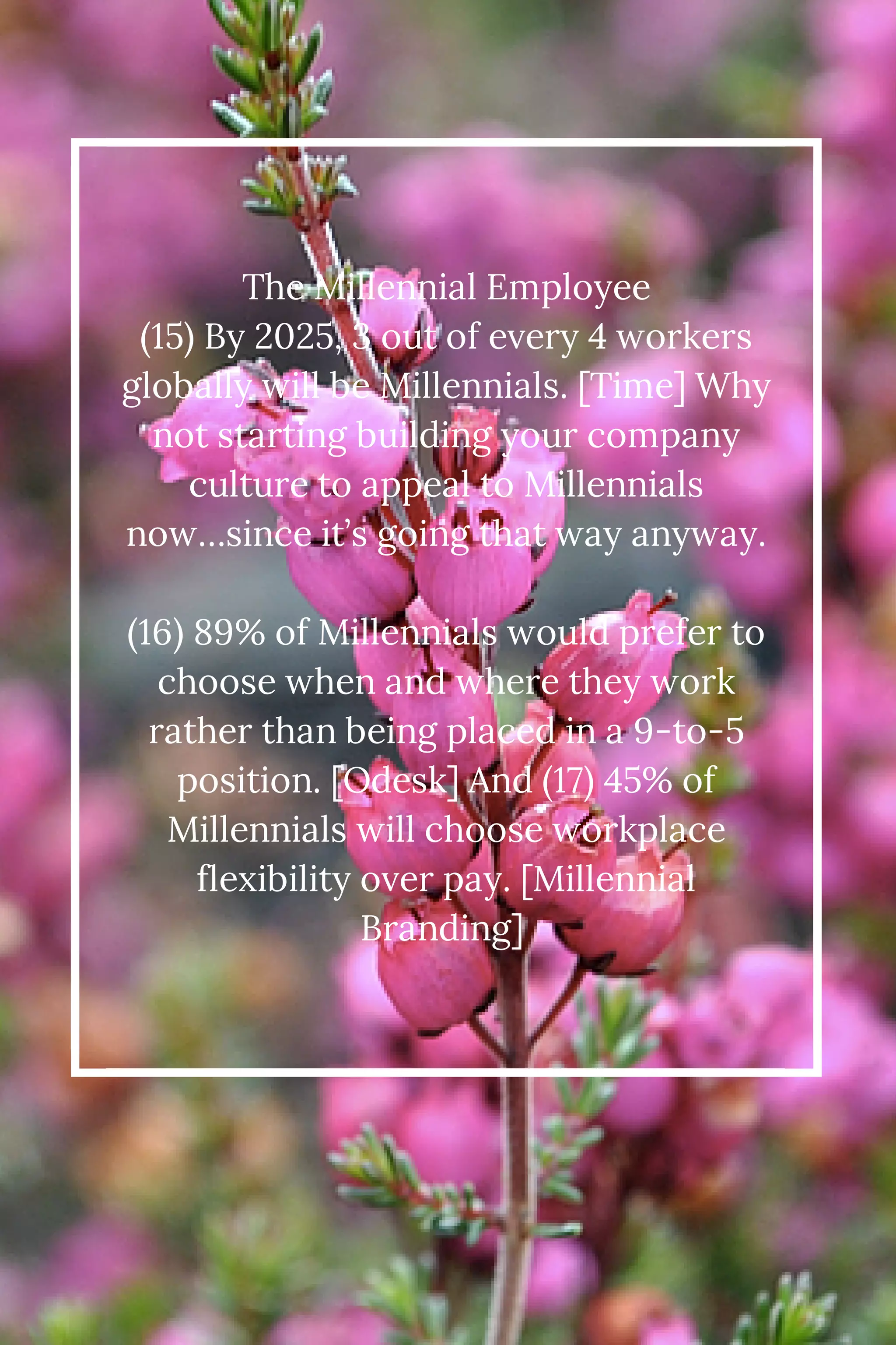 The Millennial Employee 
(15) By 2025, 3 out of every 4 workers 
globally will be Millennials. [Time] Why 
not starting building your company 
culture to appeal to Millennials 
now…since it’s going that way anyway. 
(16) 89% of Millennials would prefer to 
choose when and where they work 
rather than being placed in a 9-to-5 
position. [Odesk] And (17) 45% of 
Millennials will choose workplace 
flexibility over pay. [Millennial 
Branding] 
 