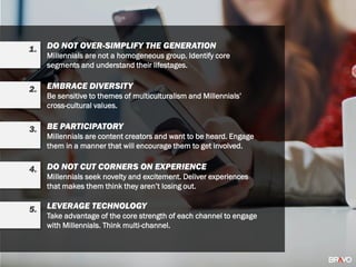 DO NOT OVER-SIMPLIFY THE GENERATION
Millennials are not a homogeneous group. Identify core
segments and understand their lifestages.
EMBRACE DIVERSITY
Be sensitive to themes of multiculturalism and Millennials’
cross-cultural values.
BE PARTICIPATORY
Millennials are content creators and want to be heard. Engage
them in a manner that will encourage them to get involved.
DO NOT CUT CORNERS ON EXPERIENCE
Millennials seek novelty and excitement. Deliver experiences
that makes them think they aren’t losing out.
LEVERAGE TECHNOLOGY
Take advantage of the core strength of each channel to engage
with Millennials. Think multi-channel.
1.
2.
3.
4.
5.
 