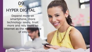 Copyright ©2017 Santiago Solutions GroupInc. SantiagoSolutionsGroup.com
11
HYPER DIGITAL
Latina Millennials depend even more
than their counterparts on smartphones,
they are super tech savvy, they have
higher trust and rely more on internet as
the main source of info
Source: SSG analyses of GfK MRI 2016 Doublebase, 90% significant
differences with White Non-Hispanic
09
 