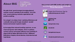 Copyright ©2017 Santiago Solutions GroupInc. SantiagoSolutionsGroup.com
8
About SSG
We guide clients’ growth strategies leveraging advanced
consumer research, marketing & sales analytics, ‘size of the
prize’ scenario planning, innovative segmentations and
predictive modeling.
Our end goal is to enhance clients’ marketing effectiveness and
sustainable total growth through actionable & ‘ownable’
business and consumer segments insights.
By leveraging Client-side and Consulting experience, we arm
clients and agencies with intelligence, drivers to purchase,
customer journeys and strategic pathways across marketing Ps
aligned with the highest ROI options for Gen Z, Millennial,
Multicultural, Hispanic, African American, Asian American and
Total Market.
Santiago Solutions Group
@Carlos_SSG
818.509.5901
@Santiago_Group
santiagosolutionsgroup.com/subscribe/
Carlos@SantiagoSolutionsGroup.com
Stay current with SSG studies and insights at:
www.SantiagoSolutionsGroup.com/Media-
Center/Newsletters
SantiagoSolutionsGroup.com
Insights Brief Newsletter Sign-Up
 