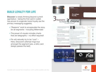 Discover is wisely thinking beyond current
age/status – being the first card in wallet
has proven to engender brand loyalty (as the
primary messaging suggests).
! “Reasons” work to encapsulate the story
for all segments – including Millennials!
! The power of visuals includes charts
that are telegraphic – no effort required!
! FIs will naturally try to be “cool” –
Here, Discover’s attempt rings true
amongst the segment (yes, a retro card
design passes the test).
BUILD LOYALTY FOR LIFE
14Examples were sourced from Competiscan and/or publicly available web sites.
 