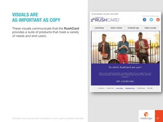 These visuals communicate that the RushCard
provides a suite of products that meet a variety
of needs and end-users.
VISUALS ARE
AS IMPORTANT AS COPY
26Examples were sourced from Competiscan and/or publicly available web sites.
 