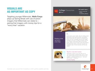 Targeting younger Millennials, Wells Fargo
plays up Spring Break with use of action
imagery that Millennials can relate to –
pairing that imagery with money tips for a
“worry-free” vacation.
VISUALS ARE
AS IMPORTANT AS COPY
29Examples were sourced from Competiscan and/or publicly available web sites.
 