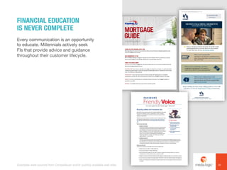 Every communication is an opportunity
to educate. Millennials actively seek
FIs that provide advice and guidance
throughout their customer lifecycle.
FINANCIAL EDUCATION
IS NEVER COMPLETE
32Examples were sourced from Competiscan and/or publicly available web sites.
 
