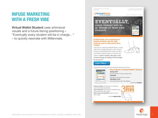Virtual Wallet Student uses whimsical
visuals and a future-facing positioning –
“Eventually every student will be in charge…”
– to quickly resonate with Millennials.
INFUSE MARKETING
WITH A FRESH VIBE
7Examples were sourced from Competiscan and/or publicly available web sites.
 