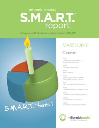 U.S. Scorecard for Mobile Advertising Reach and Targeting (S.M.A.R.T.™)




                                                          MARCH 2010
                                                          Contents
                                                           PAGE 3
                                                           Celebrating One Year of S.M.A.R.T.™
                                                           Mobile Advertising Insight!

                                                           PAGE 4
                                                           U.S. Mobile Internet Reach

                                                           PAGE 5
                                                           Vertical Snapshot

                                                           PAGE 6
                                                           Special Section: Travel Goes Mobile.
                                                           Travel’s Mobile Targeting Strategies

                                                           PAGE 7
                                                           Top U.S. Mobile DMAs by Ad Requests

                                                           PAGE 8
                                                           U.S. Mobile Advertising Engagement Data

                                                           PAGE 9
                                                           U.S. Mobile Campaign Targeting Methods

                                                           PAGE 10
                                                           Mobile Network Quick Statistics




 .M.A.R.T.™ turns 1
                                                           PAGE 11
                                                           Summary and Reporting Methodology


S
 