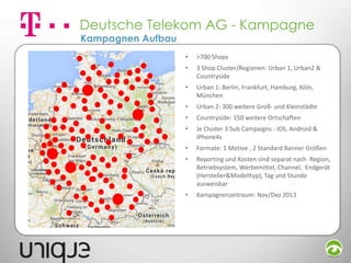 Deutsche Telekom AG - Kampagne
Kampagnen Aufbau

•

>700 Shops

•

3 Shop Cluster/Regionen: Urban 1, Urban2 &
Countryside

•

Urban 1: Berlin, Frankfurt, Hamburg, Köln,
München

•

Urban 2: 300 weitere Groß- und Kleinstädte

•

Countryside: 150 weitere Ortschaften

•

Je Cluster 3 Sub Campaigns : iOS, Android &
iPhone4s

•

Formate: 1 Motive , 2 Standard Banner Größen

•

Reporting und Kosten sind separat nach Region,
Betriebsystem, Werbemittel, Channel, Endgerät
(Hersteller&Modelltyp), Tag und Stunde
ausweisbar

•

Kampagnenzeitraum: Nov/Dez 2013

 