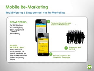 Mobile Re-Marketing
Reaktivierung & Engagement via Re-Marketing
•

Bullet Points – size 14

Or General text – size 16
RETARGETING
Kundenbindung
App Retargeting
App Engagement
Program
Remarketing

WAS IST
RETARGETING?
Ansprache von
Konsumenten, die
bereits Interesse an
Ihrer Marke und Ihren
Produkten gezeigt
haben

1
Konsument zeigt Interesse
an Deiner Marke/Produkt

2

Konsument wird
Markiert

3
Erneute Ansprache der
markierten Zielgruppe

 