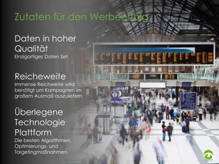 Zutaten für den Werbeerfolg
Daten in hoher
Qualität
Einzigartiges Daten Set

Reicheweite

Immense Reichweite wird
benötigt um Kampagnen im
großem Ausmaß auszuliefern

Überlegene
Technologie
Plattform

Die besten Algorithmen,
Optimierungs- und
Targetingmaßnahmen

 