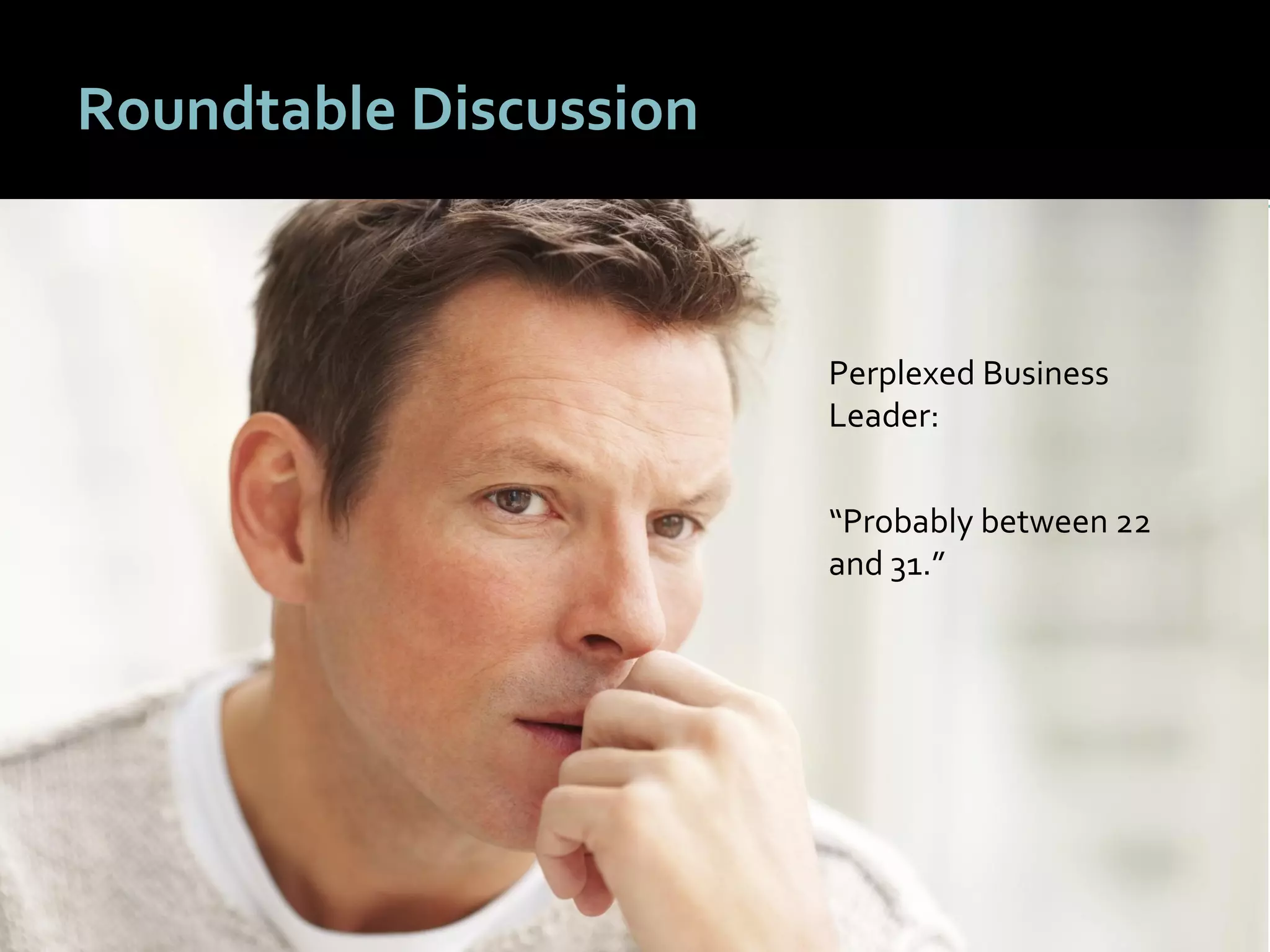 2323
Roundtable Discussion
Perplexed Business
Leader:
“Probably between 22
and 31.”
 