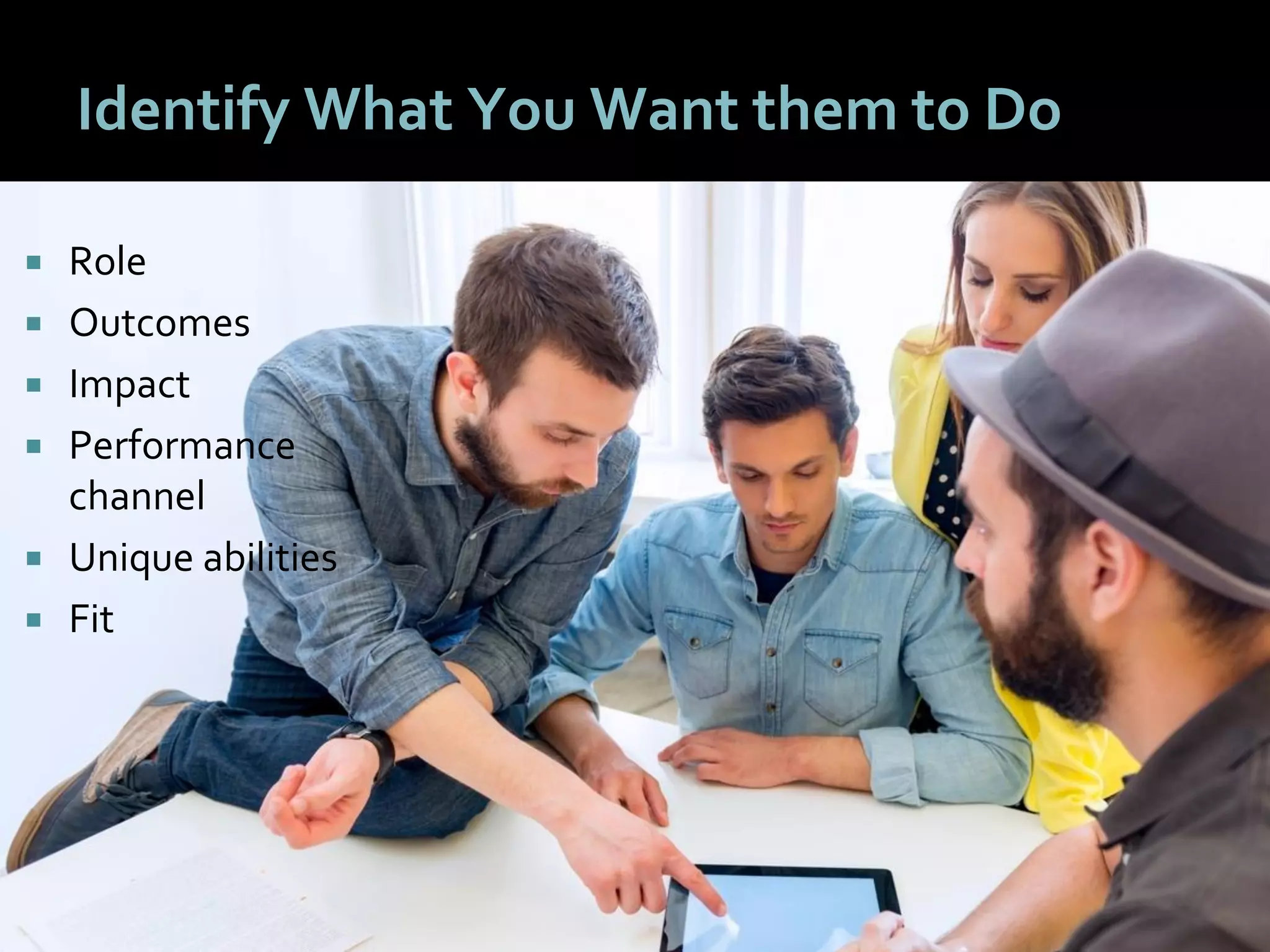 3030
Identify What You Want them to Do
 Role
 Outcomes
 Impact
 Performance
channel
 Unique abilities
 Fit
 