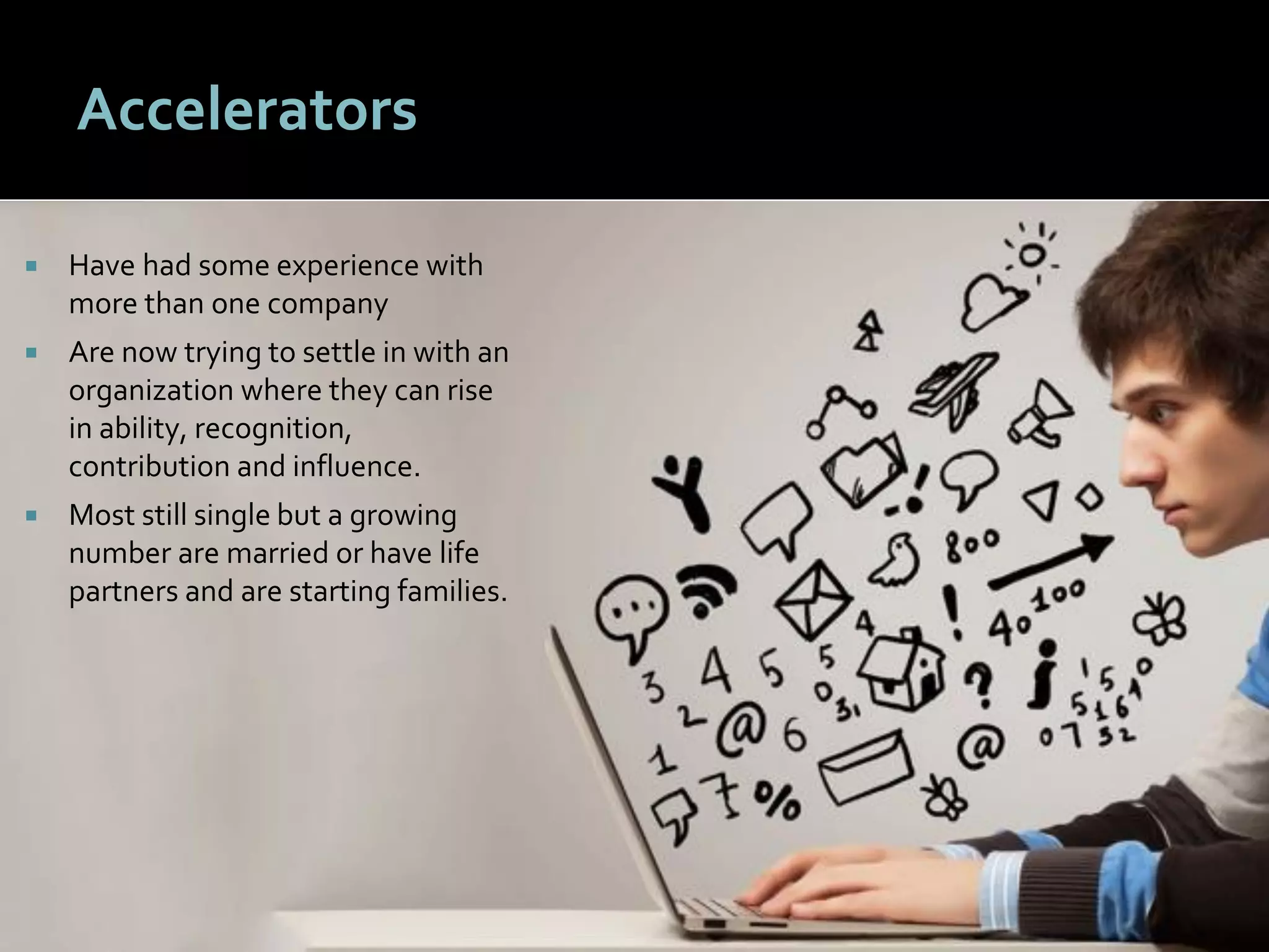 3636
Accelerators
 Have had some experience with
more than one company
 Are now trying to settle in with an
organization where they can rise
in ability, recognition,
contribution and influence.
 Most still single but a growing
number are married or have life
partners and are starting families.
 