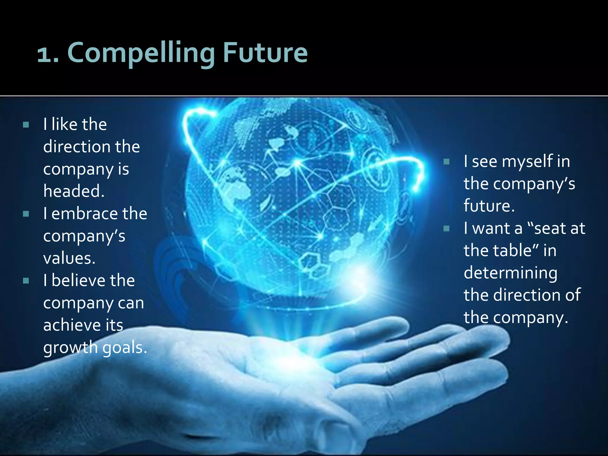 4141
1. Compelling Future
 I see myself in
the company’s
future.
 I want a “seat at
the table” in
determining
the direction of
the company.
 I like the
direction the
company is
headed.
 I embrace the
company’s
values.
 I believe the
company can
achieve its
growth goals.
 