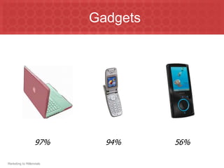 Gadgets




                   97%       94%     56%

Marketing to Millennials
 