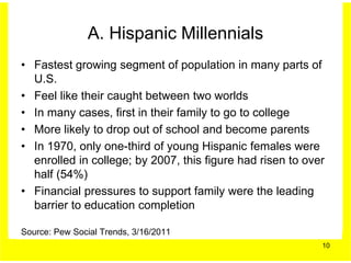 A. Hispanic Millennials
• Fastest growing segment of population in many parts of
  U.S.
• Feel like their caught between two worlds
• In many cases, first in their family to go to college
• More likely to drop out of school and become parents
• In 1970, only one-third of young Hispanic females were
  enrolled in college; by 2007, this figure had risen to over
  half (54%)
• Financial pressures to support family were the leading
  barrier to education completion

Source: Pew Social Trends, 3/16/2011
                                                            10
 