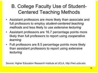 B. College Faculty Use of Student-
        Centered Teaching Methods
• Assistant professors are more likely than associate and
  full professors to employ student-centered teaching
  methods and less likely to use extensive lecturing
• Assistant professors are 16.7 percentage points more
  likely than full professors to report using cooperative
  learning
• Full professors are 8.5 percentage points more likely
  than assistant professors to report using extensive
  lecturing


Source: Higher Education Research Institute at UCLA, http://heri.ucla.edu
                                                                            18
 