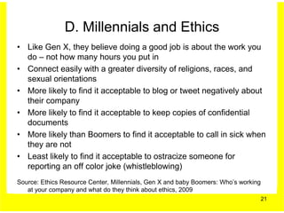 D. Millennials and Ethics
• Like Gen X, they believe doing a good job is about the work you
  do – not how many hours you put in
• Connect easily with a greater diversity of religions, races, and
  sexual orientations
• More likely to find it acceptable to blog or tweet negatively about
  their company
• More likely to find it acceptable to keep copies of confidential
  documents
• More likely than Boomers to find it acceptable to call in sick when
  they are not
• Least likely to find it acceptable to ostracize someone for
  reporting an off color joke (whistleblowing)
Source: Ethics Resource Center, Millennials, Gen X and baby Boomers: Who’s working
   at your company and what do they think about ethics, 2009
                                                                                     21
 