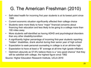 G. The American Freshman (2010)
•  Self-rated health for incoming first year students is at its lowest point since
   1985
• Current economic situation significantly affected their college choice
• Students were more likely to have “major” financial concerns about
   financing their education and less likely to be going to a college more than
   100 miles away
• More students self-identified as having ADHD and psychological disorders
   than any other disability/condition
• A significantly higher percentage of incoming first-year students reporting
   “hidden” disabilities, drank alcohol during their senior year of high school
• Expectation to seek personal counseling in college is at an all-time high
• Expectation to have at least a “B” average at all time high (grade inflation)
• Optimism abounds as 57.6% believe there is a “very good chance” that they
   will be satisfied with college, the highest figure since 1982
Source: Higher Education Research Institute, UCLA 2010

                                                                                29
 