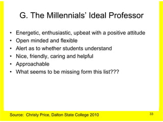 G. The Millennials’ Ideal Professor

•   Energetic, enthusiastic, upbeat with a positive attitude
•   Open minded and flexible
•   Alert as to whether students understand
•   Nice, friendly, caring and helpful
•   Approachable
•   What seems to be missing form this list???




Source: Christy Price, Dalton State College 2010               33
 
