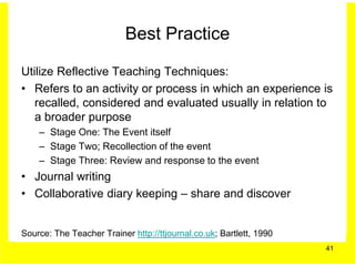 Best Practice

Utilize Reflective Teaching Techniques:
• Refers to an activity or process in which an experience is
   recalled, considered and evaluated usually in relation to
   a broader purpose
    – Stage One: The Event itself
    – Stage Two; Recollection of the event
    – Stage Three: Review and response to the event
• Journal writing
• Collaborative diary keeping – share and discover


Source: The Teacher Trainer http://ttjournal.co.uk; Bartlett, 1990
                                                                     41
 
