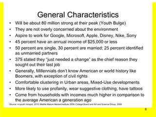 General Characteristics
•    Will be about 80 million strong at their peak (Youth Bulge)
•    They are not overly concerned about the environment
•    Aspire to work for Google, Microsoft, Apple, Disney, Nike, Sony
•    45 percent have an annual income of $25,000 or less
•    50 percent are single, 30 percent are married; 25 percent identified
     as unmarried partners
•    375 stated they “just needed a change” as the chief reason they
     sought out their last job
•    Generally, Millennials don’t know American or world history like
     Boomers, with exception of civil rights
•    Comfortable clustering in Urban areas, Mixed-Use developments
•    More likely to use profanity, wear suggestive clothing, have tattoos
•    Come from households with incomes much higher in comparison to
     the average American a generation ago
Source: mryouth intrepid, 2010; Metlife Mature Market Institute 2009; College Board and Art and Science Group, 2008

                                                                                                                      8
 