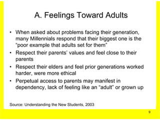 A. Feelings Toward Adults

• When asked about problems facing their generation,
  many Millennials respond that their biggest one is the
  “poor example that adults set for them”
• Respect their parents’ values and feel close to their
  parents
• Respect their elders and feel prior generations worked
  harder, were more ethical
• Perpetual access to parents may manifest in
  dependency, lack of feeling like an “adult” or grown up


Source: Understanding the New Students, 2003
                                                            9
 