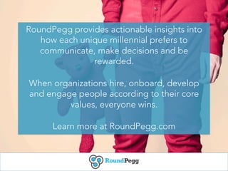 RoundPegg provides actionable insights into
how each unique millennial prefers to
communicate, make decisions and be
rewar...