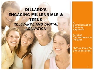 DILLARD’S
ENGAGING MILLENNIALS &
TEENS
RELEVANCE AND DIGITAL
ACTIVATION

A
Communication
Planning
Approach
Forging
Connections via
insights
(Edited Deck for
Confidentiality)

1

 