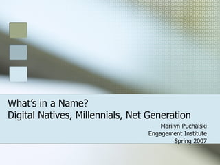 What’s in a Name?  Digital Natives, Millennials, Net Generation  Marilyn Puchalski Engagement Institute Spring 2007 