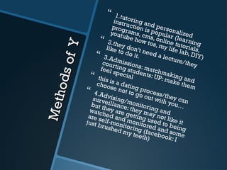 MethodsofY
MethodsofY
 1.tutoring and personalized
instruction is popular (learning
programs, cms, online tutorials,
youtube how tos, my life lab, DIY)
 2.they don’t need a lecture/they
like to do it. 3.Admissions: matchmaking and
courting students: UP: make them
feel special this is a dating process/they can
choose not to go out with you…
 4.Advising/monitoring and
surveillance: they may not like it
but they are getting used to being
watched and monitored and some
are self-monitoring (facebook: I
just brushed my teeth)
 