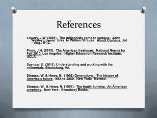 References
Lowery, J.W. (2001). The millennials come to campus: John
  Wesley Lowery talks to William Strauss. About Campus, Jul.
  – Aug., 6-12.

Pryor, J.H. (2010). The American freshman: National Norms for
Fall 2010. Los Angeles: Higher Education Research Institute,
UCLA.

Spencer, E. (2011). Understanding and working with the
millennials. Blacksburg, VA.

Strauss, W. & Howe, N. (1992) Generations: The history of
America’s future, 1584 to 2069. New York: Morrow.

Strauss, W., & Howe, N. (1997). The fourth turning: An American
prophecy. New York: Broadway Books.
 