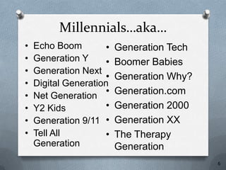 Millennials…aka…
•   Echo Boom        •   Generation Tech
•   Generation Y     •   Boomer Babies
•   Generation Next
                     •   Generation Why?
•   Digital Generation
•   Net Generation   •   Generation.com
•   Y2 Kids          •   Generation 2000
•   Generation 9/11 •    Generation XX
•   Tell All         •   The Therapy
    Generation           Generation
                                           6
 