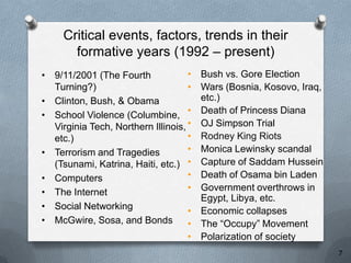 Critical events, factors, trends in their
       formative years (1992 – present)
• 9/11/2001 (The Fourth             • Bush vs. Gore Election
  Turning?)                         • Wars (Bosnia, Kosovo, Iraq,
• Clinton, Bush, & Obama              etc.)
• School Violence (Columbine, •       Death of Princess Diana
  Virginia Tech, Northern Illinois, • OJ Simpson Trial
  etc.)                             • Rodney King Riots
• Terrorism and Tragedies           • Monica Lewinsky scandal
  (Tsunami, Katrina, Haiti, etc.) •   Capture of Saddam Hussein
• Computers                         • Death of Osama bin Laden
• The Internet                      • Government overthrows in
                                      Egypt, Libya, etc.
• Social Networking                 • Economic collapses
• McGwire, Sosa, and Bonds          • The “Occupy” Movement
                                    • Polarization of society
                                                                    7
 