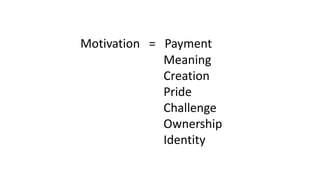 Motivation = Payment
Meaning
Creation
Pride
Challenge
Ownership
Identity
 
