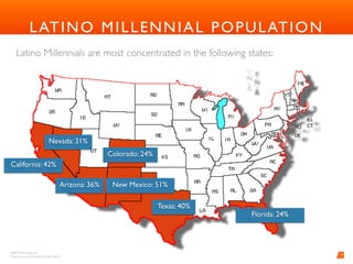 BARD Advertising, Inc. 
Proprietary and Conﬁdential Information
4
LATINO MILLENNIAL POPULATION
Florida: 24%
Texas: 40%
New Mexico: 51%
Colorado: 42%
Nevada: 31%
California: 42%
Arizona: 36%
Latino Millennials are most concentrated in the following states:
 