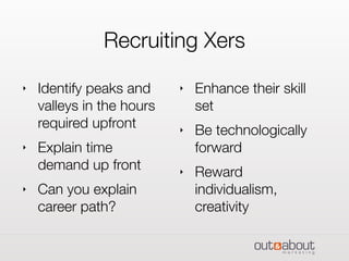 Recruiting Xers
‣ Identify peaks and
valleys in the hours
required upfront
‣ Explain time
demand up front
‣ Can you explain
career path?
‣ Enhance their skill
set
‣ Be technologically
forward
‣ Reward
individualism,
creativity
 