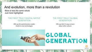 And evolution, more than a revolution
More or less the same values
Just more highlighted
THE FIRST TRULY DIGITAL NATIVE
GENERATION
THE FIRST TRULY GLOBAL
GENERATION
70% say the world became smaller
thanks to new technologies
74% say that it’s easy to learn
about other cultures
* Cassandra Report 2014
 