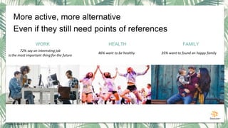 WORK FAMILY
72% say an interesting job
is the most important thing for the future
35% want to found an happy family
HEALTH
46% want to be healthy
* Junior Connect 2015
More active, more alternative
Even if they still need points of references
 