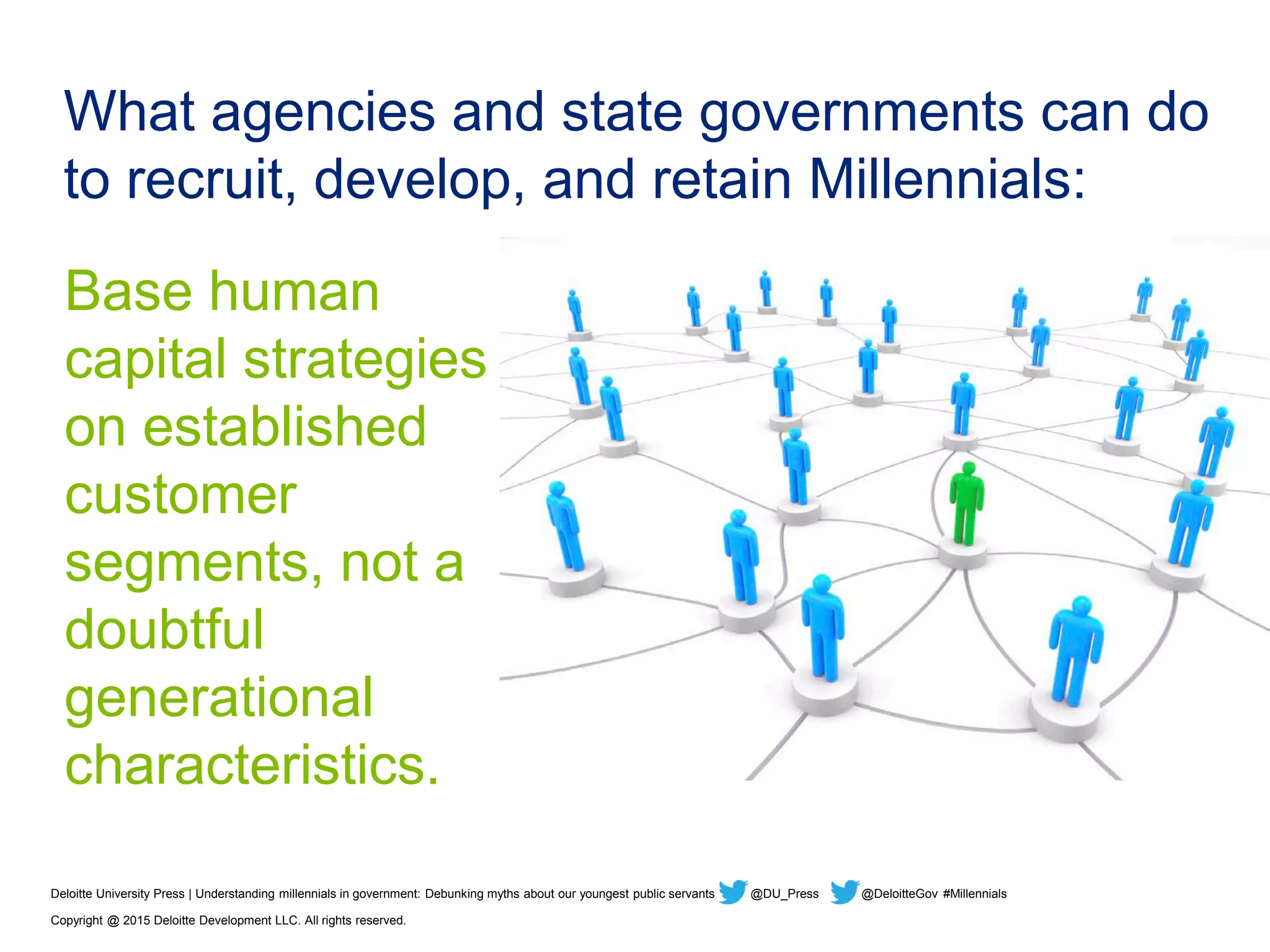 What agencies and state governments can do
to recruit, develop, and retain Millennials:
Base human
capital strategies
on established
customer
segments, not a
doubtful
generational
characteristics.
Deloitte University Press | Understanding millennials in government: Debunking myths about our youngest public servants @DU_Press @DeloitteGov #Millennials
Copyright @ 2015 Deloitte Development LLC. All rights reserved.
 