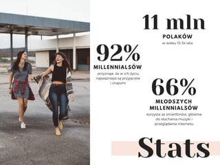 Stats
11 mln
w wieku 15-34 lata
POLAKÓW
66%
korzysta ze smartfonów, głównie
do słuchania muzyki i
przeglądania internetu
MŁODSZYCH
MILLENNIALSÓW
92%
przyznaje, że w ich życiu
najważniejsi są przyjaciele
i znajomi
MILLENNIALSÓW
 