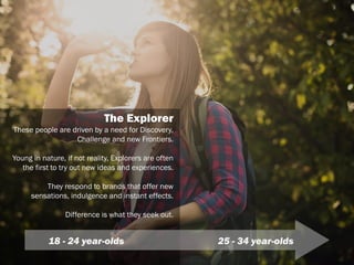 The Explorer
These people are driven by a need for Discovery,
Challenge and new Frontiers.
Young in nature, if not reality, Explorers are often
the first to try out new ideas and experiences.
They respond to brands that offer new
sensations, indulgence and instant effects.
Difference is what they seek out.
18 - 24 year-olds 25 - 34 year-olds
 