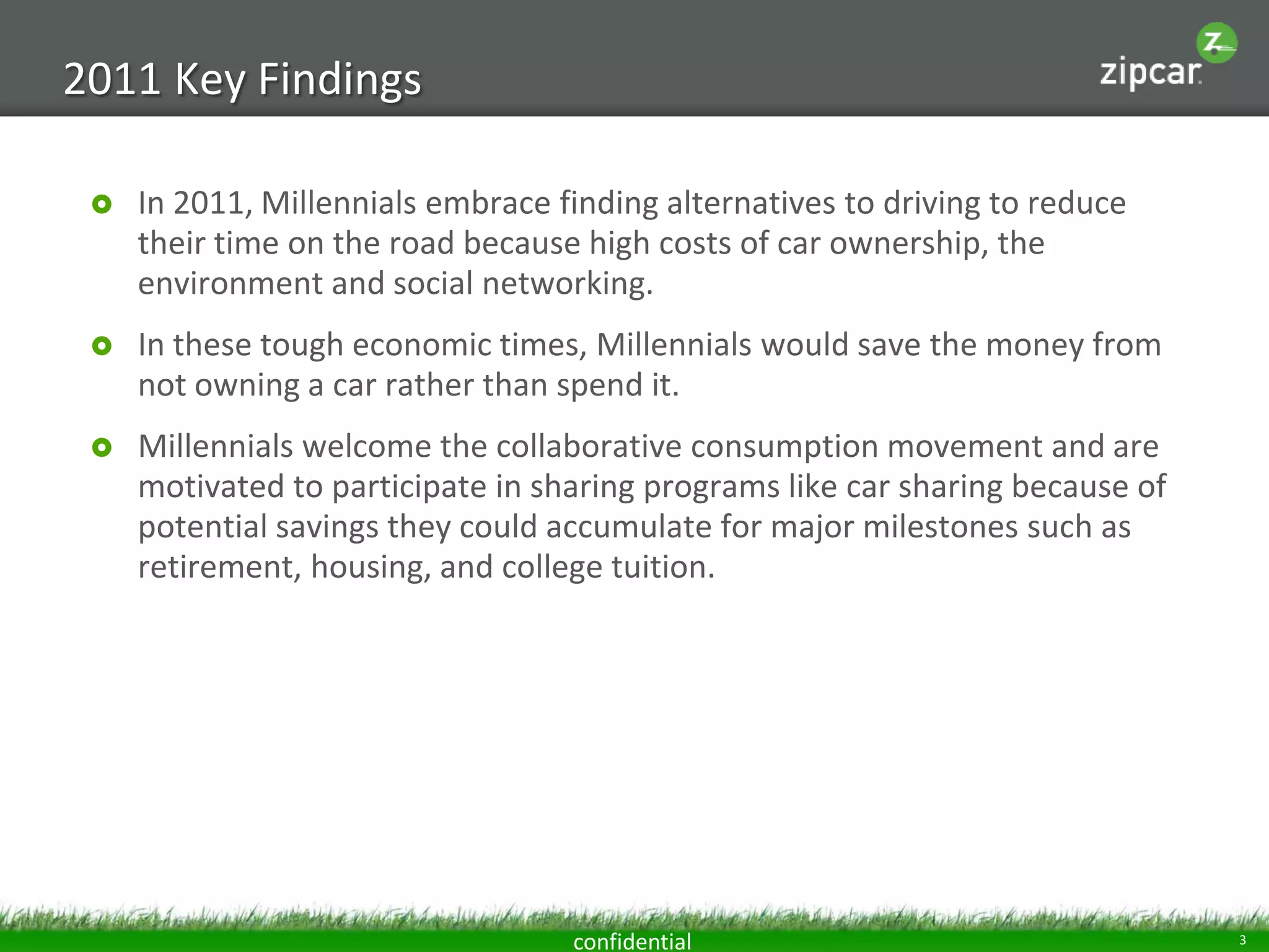 2011 Key Findings

    In 2011, Millennials embrace finding alternatives to driving to reduce
     their time on the road because high costs of car ownership, the
     environment and social networking.
    In these tough economic times, Millennials would save the money from
     not owning a car rather than spend it.
    Millennials welcome the collaborative consumption movement and are
     motivated to participate in sharing programs like car sharing because of
     potential savings they could accumulate for major milestones such as
     retirement, housing, and college tuition.




                                   confidential                                 3
 