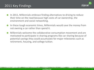 2011 Key Findings

    In 2011, Millennials embrace finding alternatives to driving to reduce
     their time on the road...