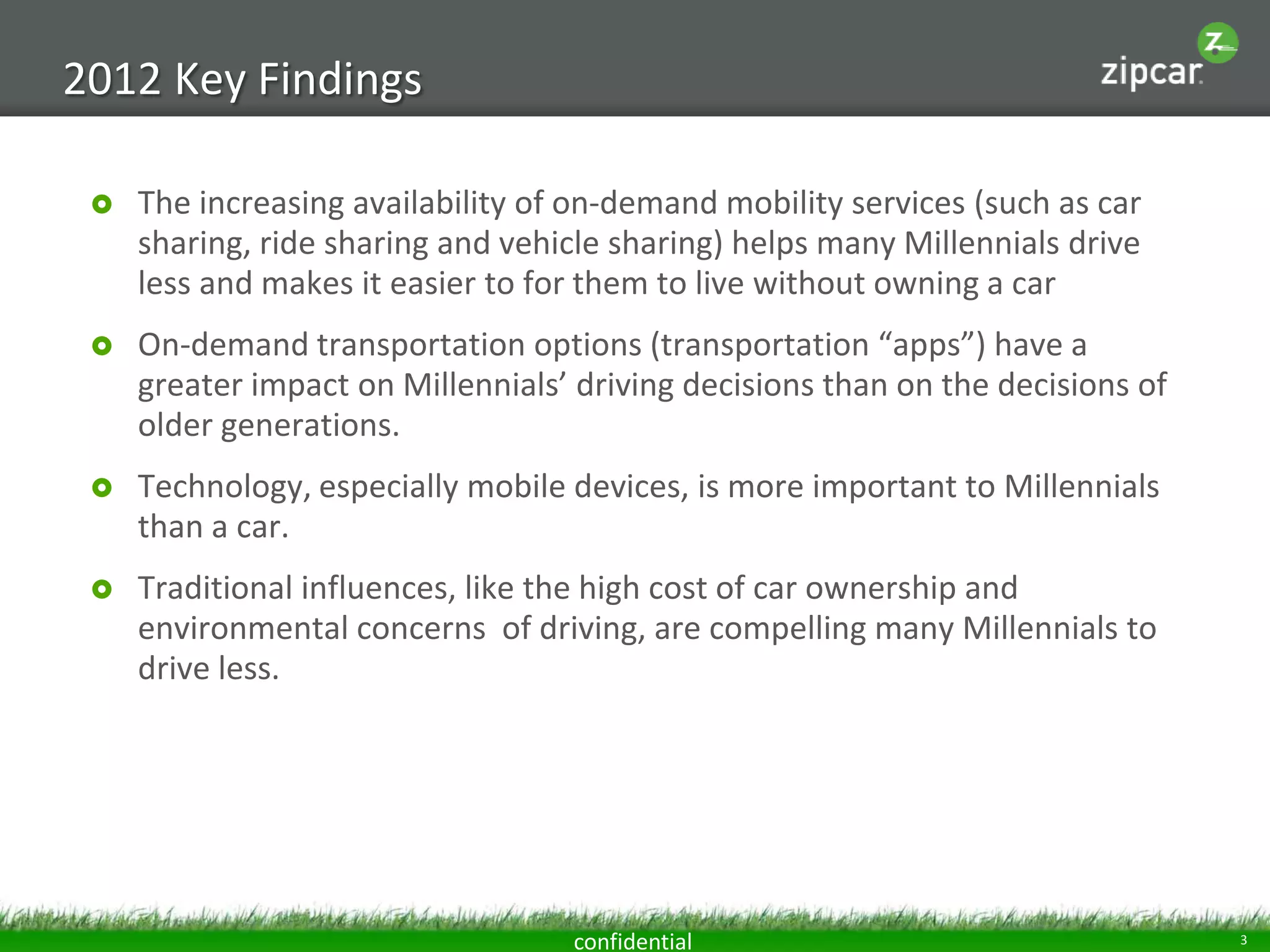 2012 Key Findings

    The increasing availability of on-demand mobility services (such as car
     sharing, ride sharing and vehicle sharing) helps many Millennials drive
     less and makes it easier to for them to live without owning a car
    On-demand transportation options (transportation “apps”) have a
     greater impact on Millennials’ driving decisions than on the decisions of
     older generations.
    Technology, especially mobile devices, is more important to Millennials
     than a car.
    Traditional influences, like the high cost of car ownership and
     environmental concerns of driving, are compelling many Millennials to
     drive less.




                                   confidential                                  3
 