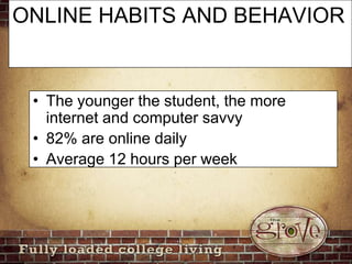 ONLINE HABITS AND BEHAVIORThe younger the student, the more internet and computer savvy82% are online dailyAverage 12 hours per week
